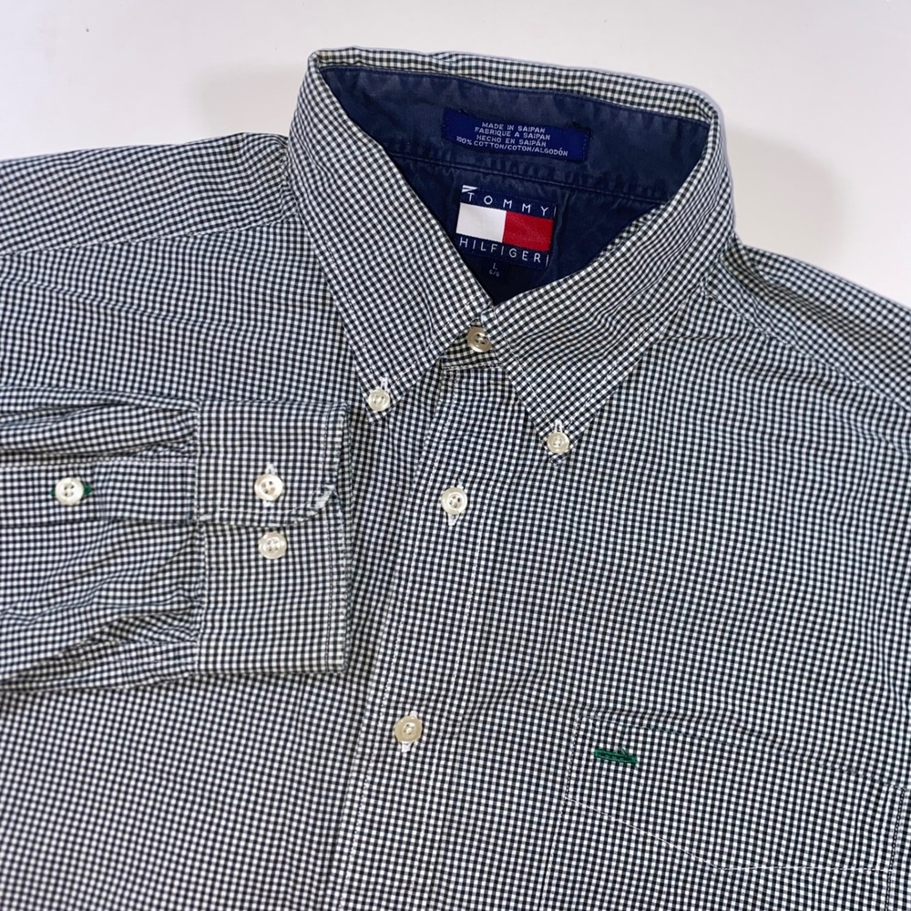 Tommy‎ Hilfiger Mens Navy White Gingham Cotton Button Down Shirt Large S216